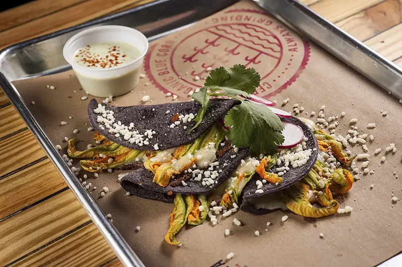 Image: Taquiza's blue corn quesadilla with squash blossoms and chihuahua cheese.