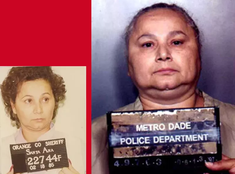 Image: two mug shots of Griselda Blanco, one from Orange County in 1985, the other from Miami-Dade County from 1997
