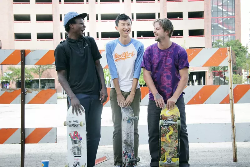Image: Minding the Gap is a documentary that follows the lives of three skaters in the depressed Rust Belt town of Rockford, Illinois, who are also close friends (from left): Keire Johnson, the film's director Bing Liu and Zack Mulligan.