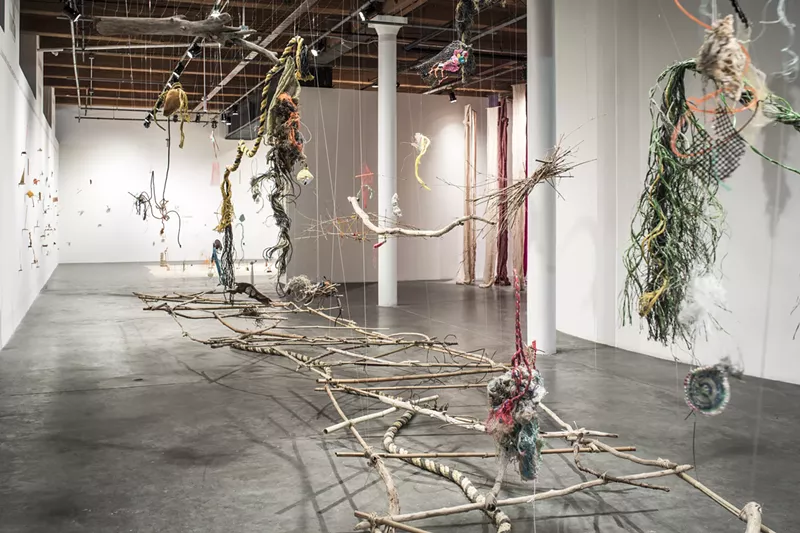 Image: The installation Balsa Snake Raft to Escape the Flood, part of the exhibition "Cecilia Vicuña: About to Happen."