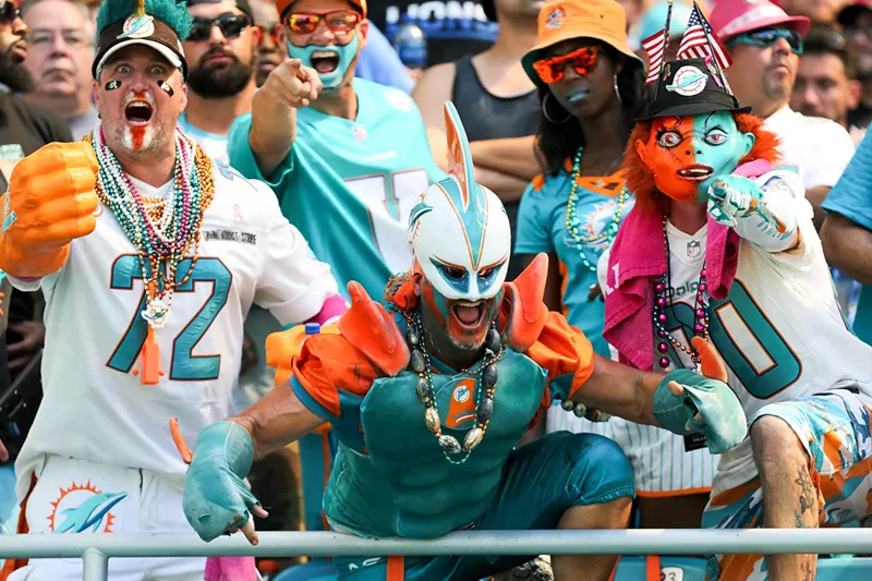 Image: Miami Dolphins fanatics go apeshit during a 2018 game against the Detroit Lions at Hard Rock Stadium.