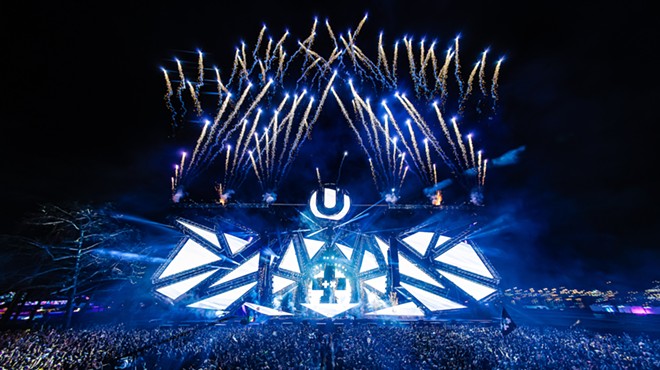 Main Stage at Ultra Music Festival with enormous LED panels and fireworks shooting above it