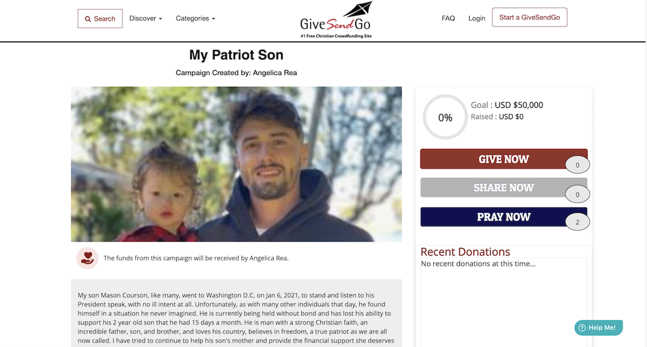 A campaign on the Christian crowdfunding platform GiveSendGo seeks to raise $50,000 to help cover the legal fees of January 6 rioter Mason Courson of Weston (AKA #Tweedledumb).
