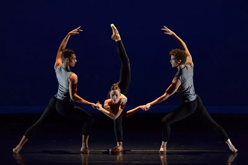 Image: Dimensions Dance Theater of Miami dancers Josue Justiz, Gabriela Mesa, and Fabián Morales in Esferas