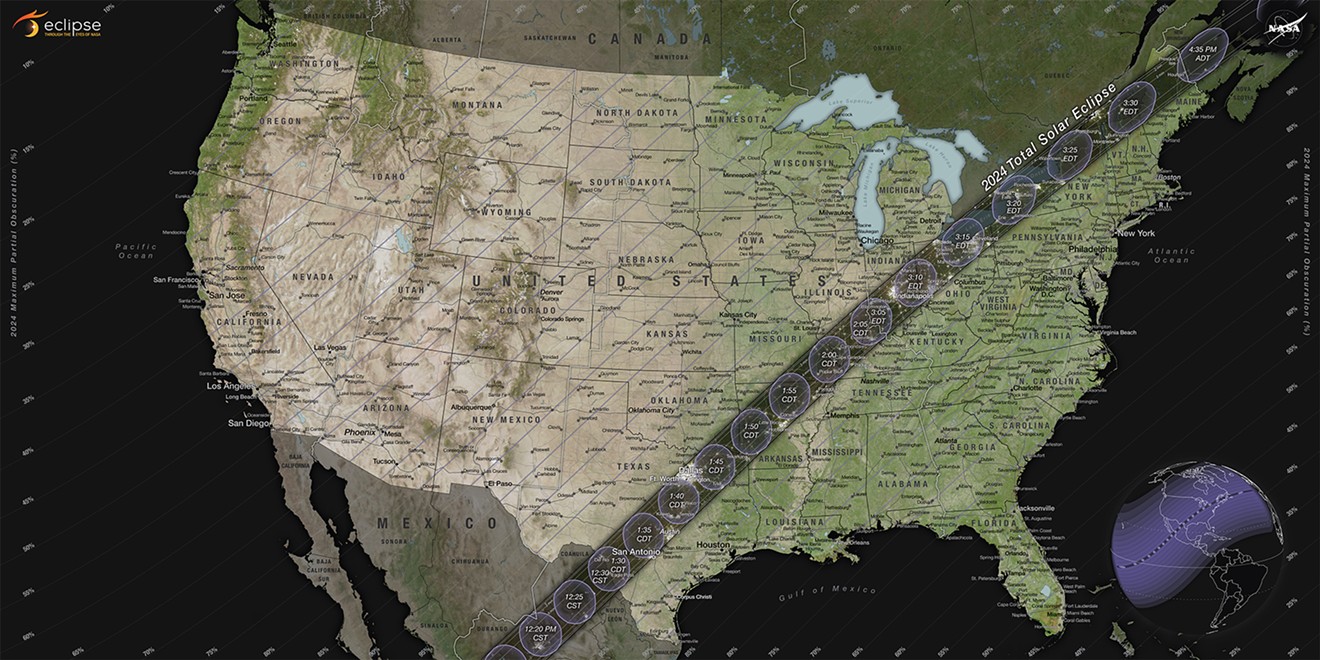 The path of totality and partial contours crossing the U.S. for the 2024 total solar eclipse occurring on April 8, 2024.