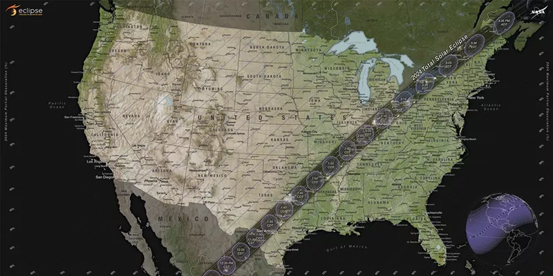 Image: A NASA map showing the path of totality and partial contours crossing the U.S. for the April 8, 2024, total solar eclipse.