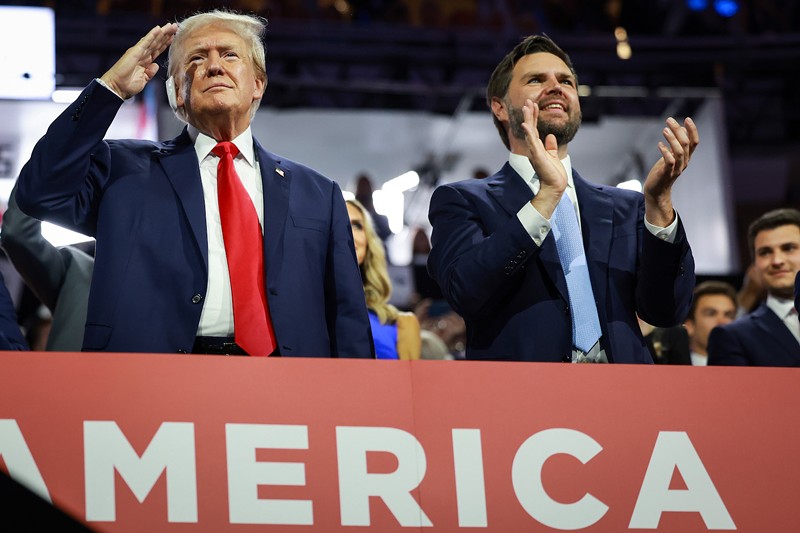 Former president Donald Trump (left) and his newly anointed vice-presidential running mate, U.S. Sen. J.D. Vance, on the first night of the 2024 Republican National Convention in Milwaukee