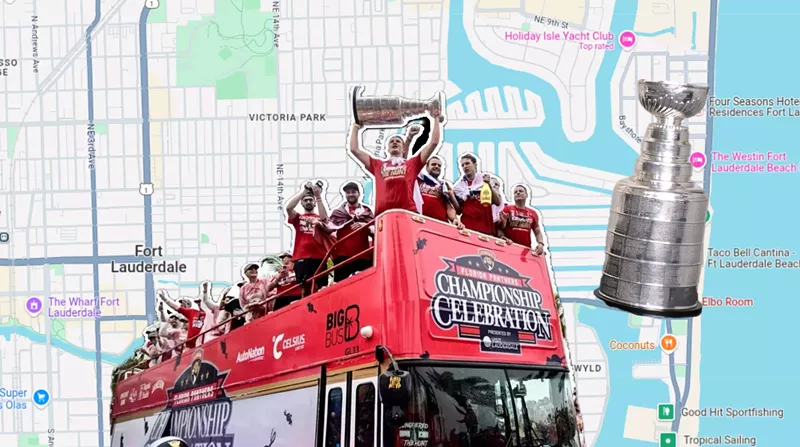 Image: A graphic of the Florida Panthers hoisting the Stanley Cup on the bus during the 2024 parade sits on the overlay of a map of Fort Lauderdale and a photo of the Stanley Cup trophy is next to the Elbo Room location on the map