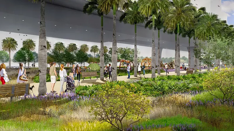 Image: Rendering of people walking under the elevated I-395 highway