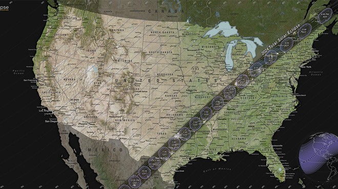 A NASA map showing the path of totality and partial contours crossing the U.S. for the April 8, 2024, total solar eclipse.