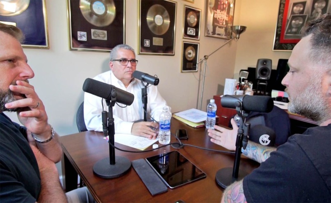 Felony Miami host Joe Stone (left) interviews Miami-Dade chief public defender Carlos Martinez and artist Alex Vahan.