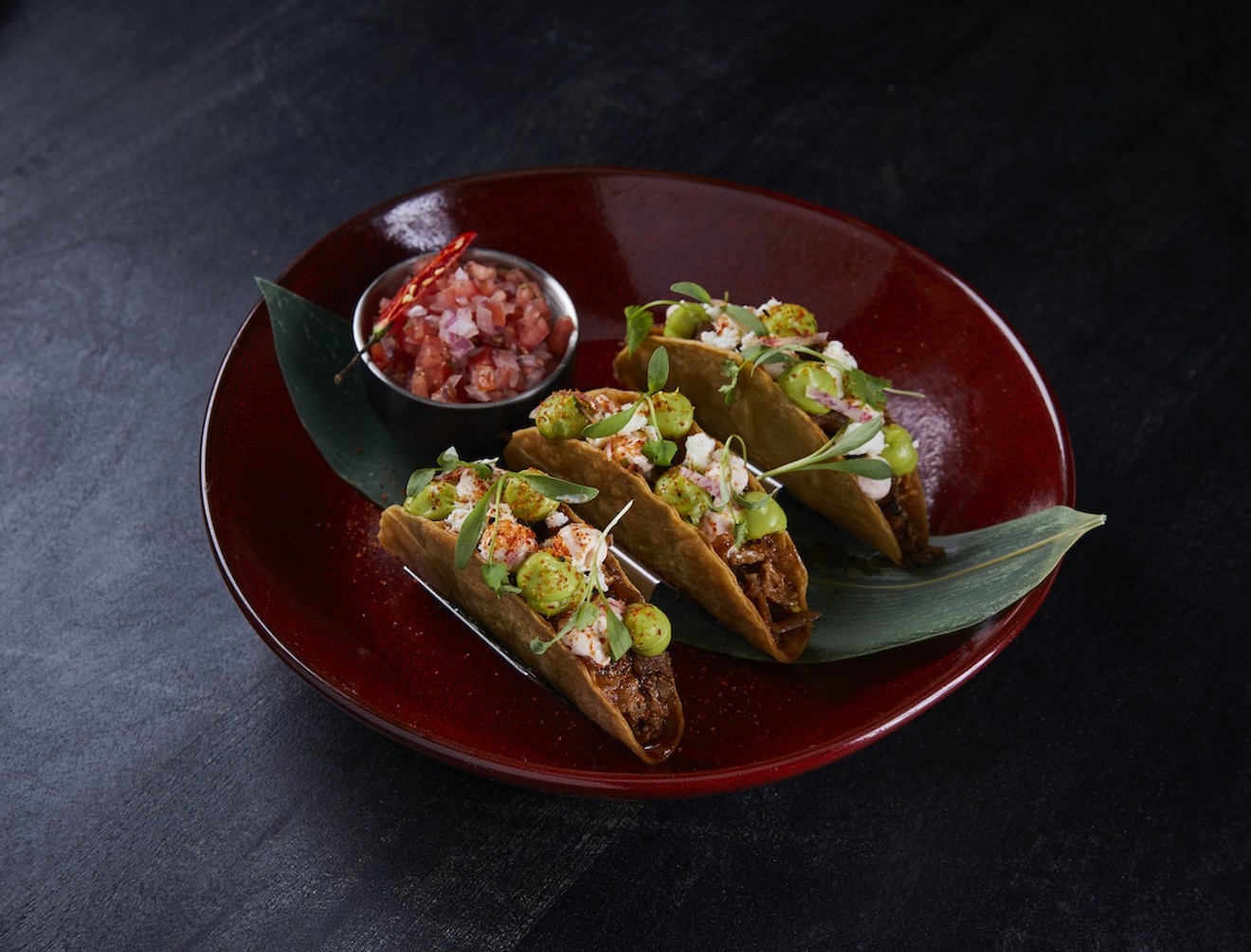 Barbecue pork taquitos at Ch'i, now open at Brickell City Centre.