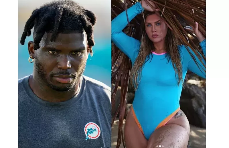 Image: Side-by-side photos of NFL star Tyreek Hill and Instagram model Sophie Hall