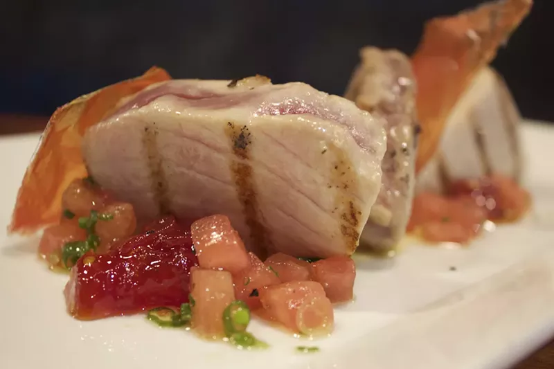 Image: Tuna loin ($21) with three tomato textures.