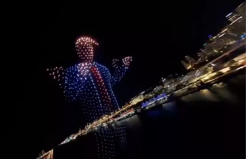 Image: clip from splash reel touting a scarcely noticed Trump drone show over the Port of Miami and Biscayne Bay