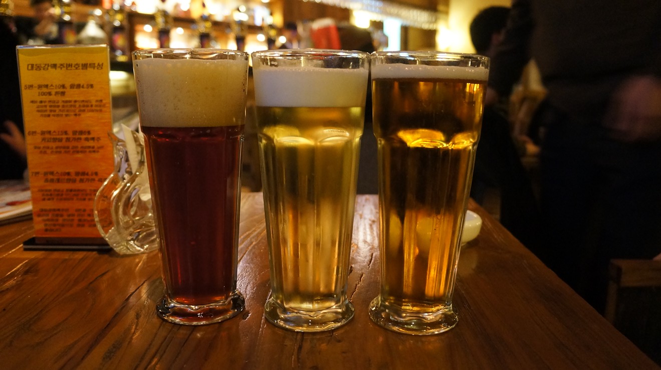 Craft beer at the Taedonggang Microbrewery #3, which is described as the "trendiest" bar in Pyongyang, North Korea.