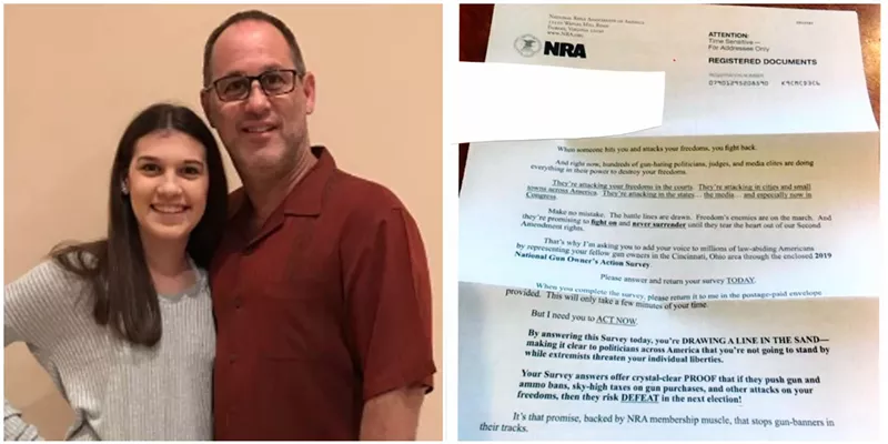 Image: Fred Guttenberg and his daughter Jaime; a letter from the NRA sent to a member of Guttenberg's family.