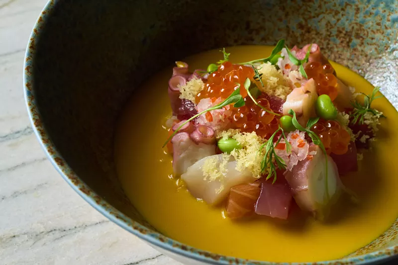 Image: Chirashi ceviche with salmon, aji amarillo, avocado, salmon roe, and edamame at Nuna at Four Seasons Hotel Miami.