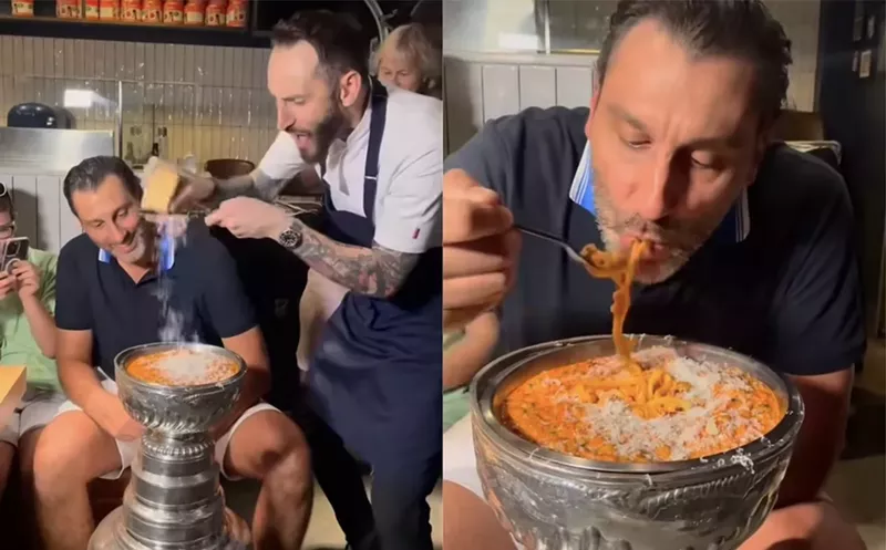 Image: Hall of Fame goaltender and former Panthers star Roberto Luongo eating pasta out of the Stanley Cup.