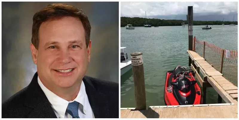 Image: Barriers and signs (right) that Councilman David Singer (left) says went up at Gilbert's after the altercation.