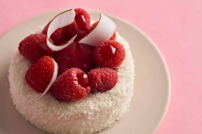 French pastry chef Yann Couvreur's rose coconut framboise raspberry cake.