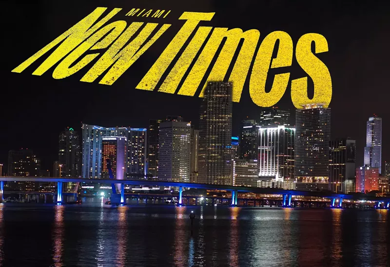 Image: downtown miami skyline at night with a yellow Miami New Times logo swooping over the sky like the Bat Signal from Batman