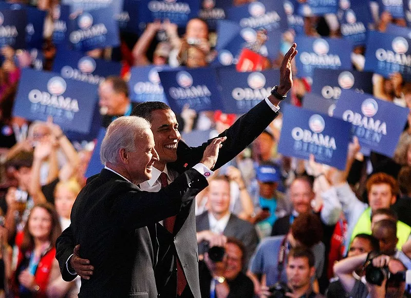 Image: Joe Biden and Barack Obama wave to DNC attendees in August of 2008.