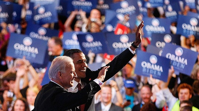 Joe Biden and Barack Obama wave to DNC attendees in August of 2008.