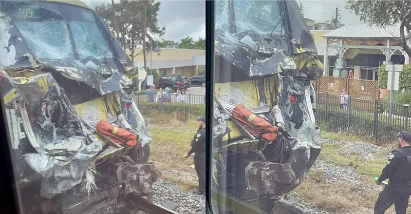 Image: The mangled front of a Brightline train following a collision with a fire truck.
