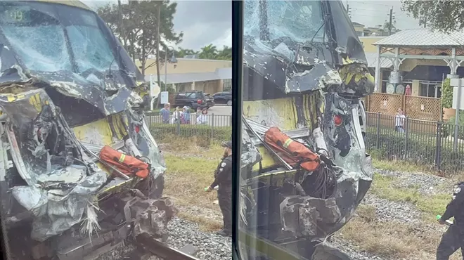 The mangled front of a Brightline train following a collision with a fire truck.