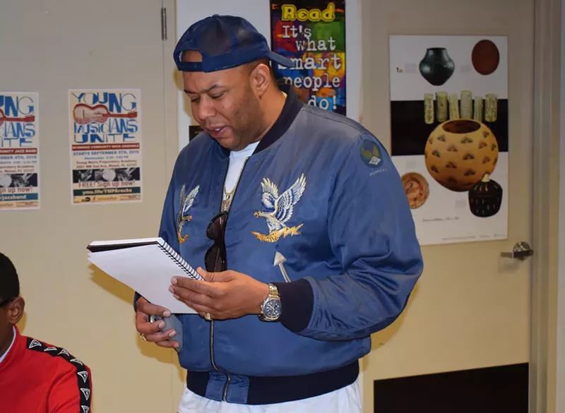 Image: Karl "Dice Raw" Jenkins led a workshop for ninth-graders ahead of his performance in the musical Henry Box Brown.