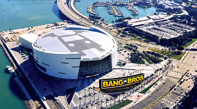 Image: Aerial view of the home of the Miami Heat altered to show the logo of porn production company BangBros on the roof and signage. The venue was originally known as American Airlines Arena (1999 to early 2021) and later as FTX Arena (June 2021 to November 11, 2022), when the cryptocurrency exchange FTX.
