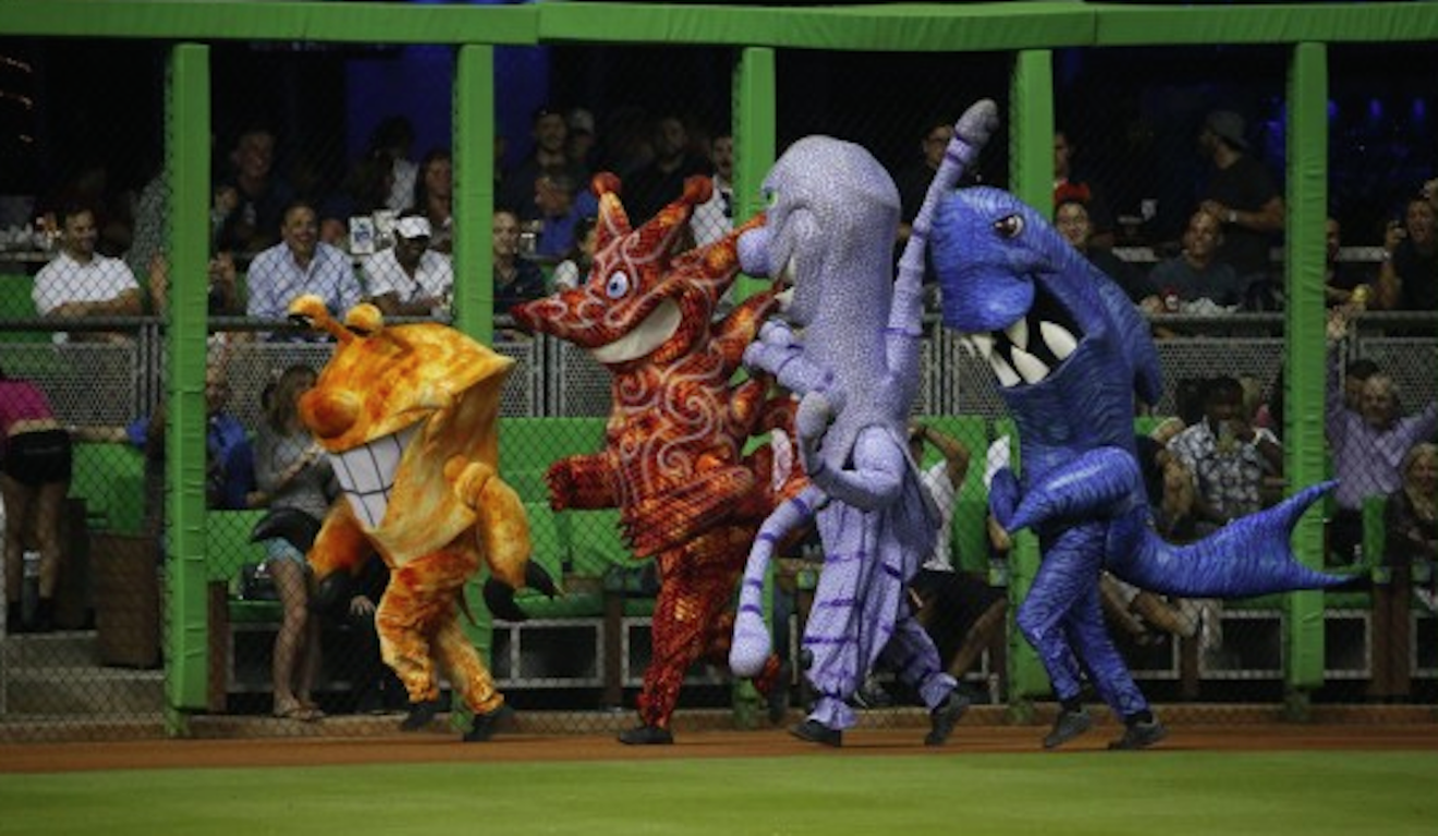 A snapshot of the moment just before the mascots collided and Julio the Octopus (accidentally?) broke his long losing streak.