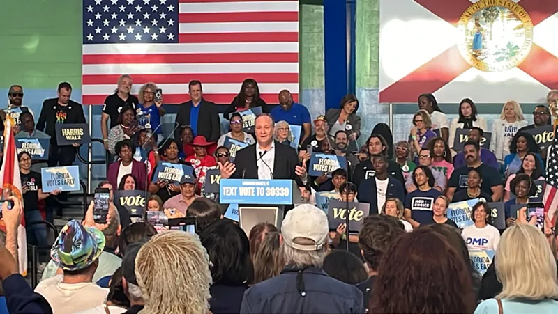 Image: Second Gentleman Doug Emhoff speaks to the crowd during the Get Out the Early Vote rally.