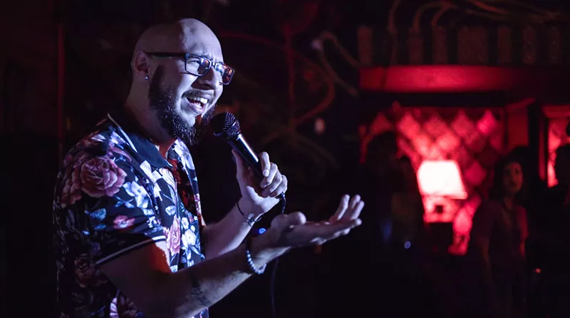 Image: Comedian Cbas Mattar performing.