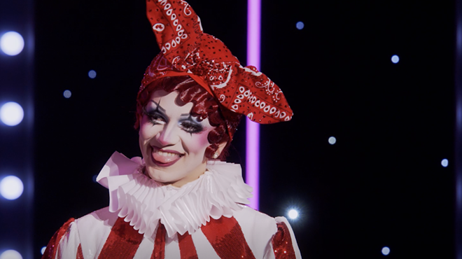 drag queen Suzie Toot dressed in a harlequin outfit
