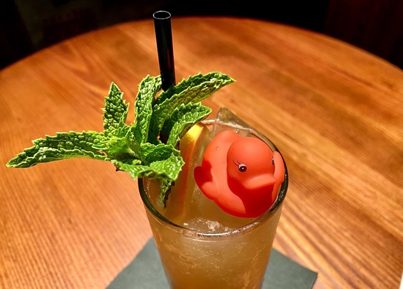 Phuc Yea's "Lady Fu," made with black tea-infused Courvoisier VSOP, sweet vermouth, lychee, lemon, Thai basil, mint, and lime soda.