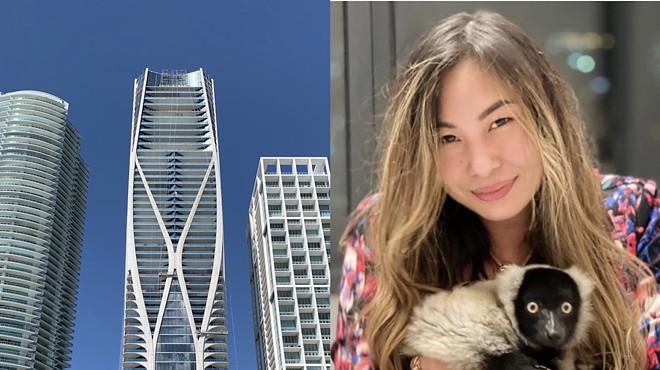 Dual photos of a Miami high-rise and a woman holding a lemur.