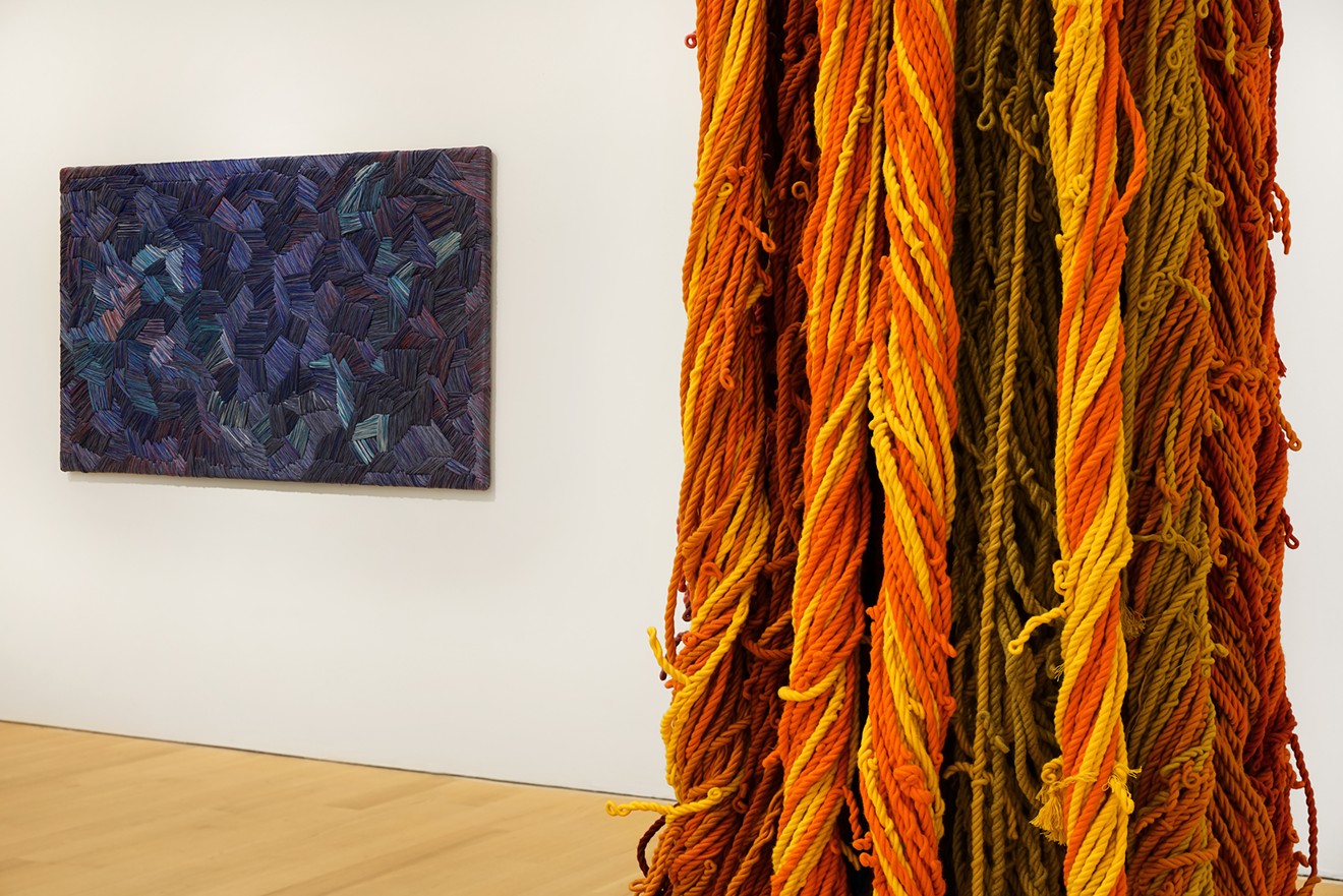 Sheila Hicks' Blue Gros Point (ca. 1990) and Questioning Column (2016).