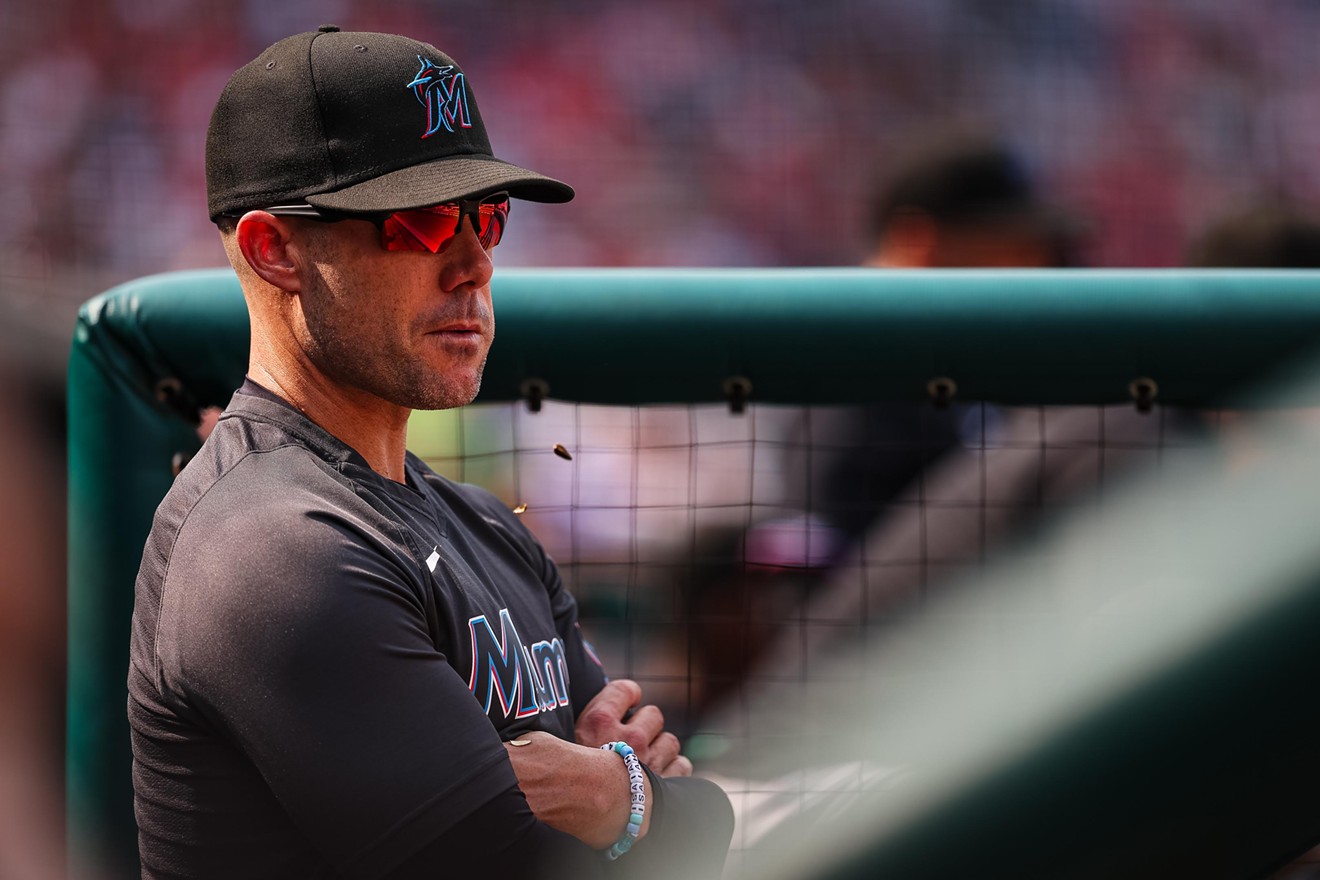 Skip Schumaker of the Miami Marlins looks on during a game against the Washington Nationals at Nationals Park on June 17, 2023 in Washington, DC.