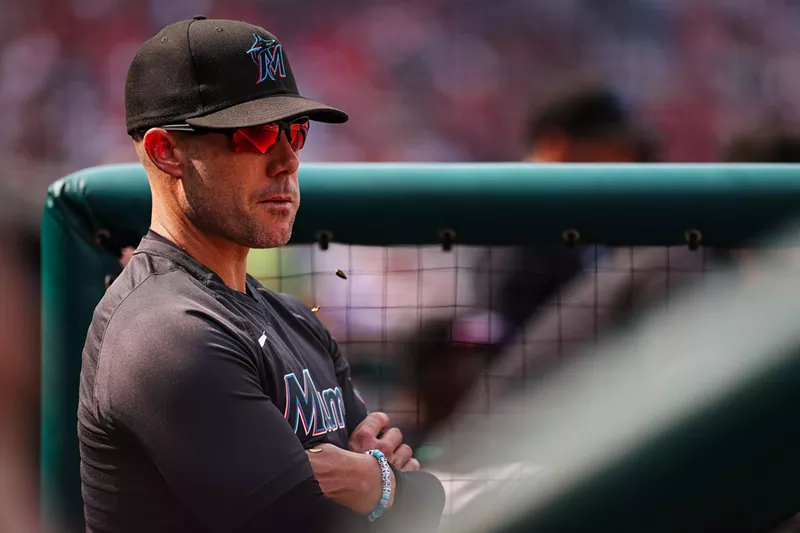 Image: Skip Schumaker of the Miami Marlins looks on during a game against the Washington Nationals at Nationals Park on June 17, 2023 in Washington, DC.