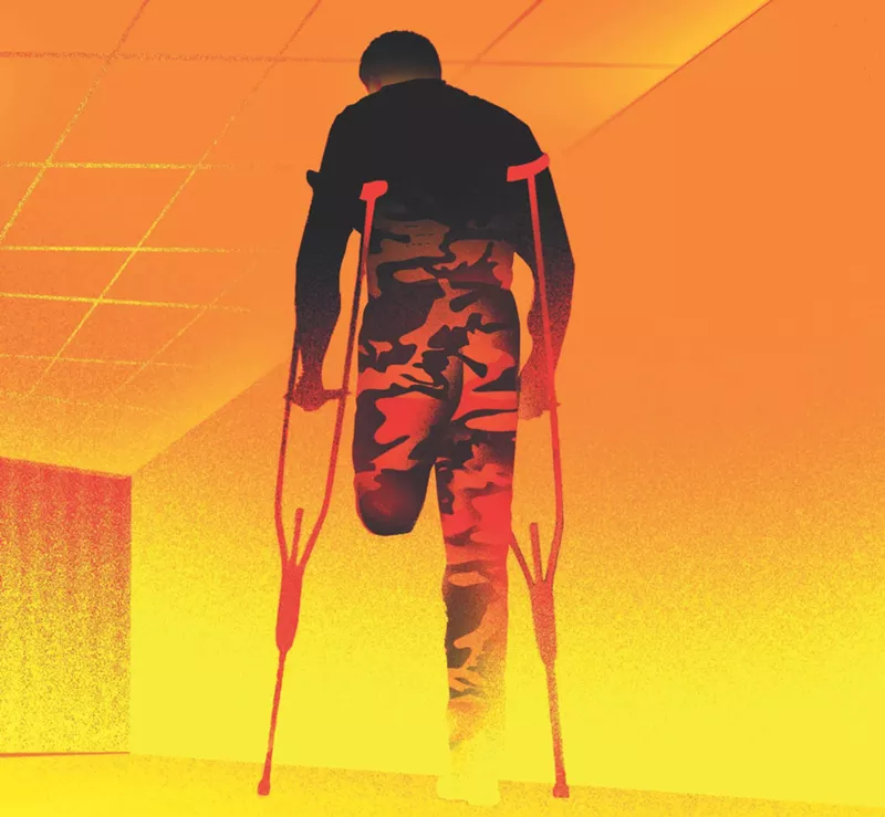 Image: illustration in tones of yellow, orange and red, depicting a figure dressed in camo, on crutches, in a corridor, with one leg amputated above the knee
