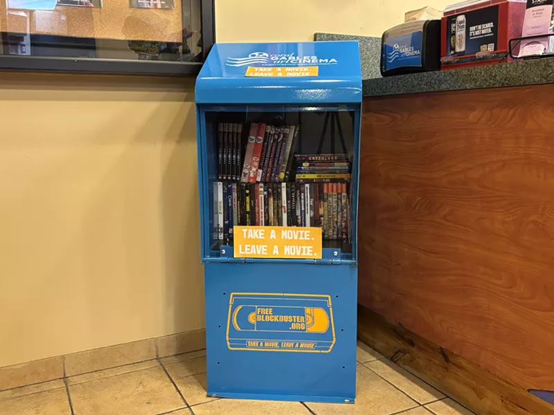 Image: A Free Blockbuster stand inside a movie theater
