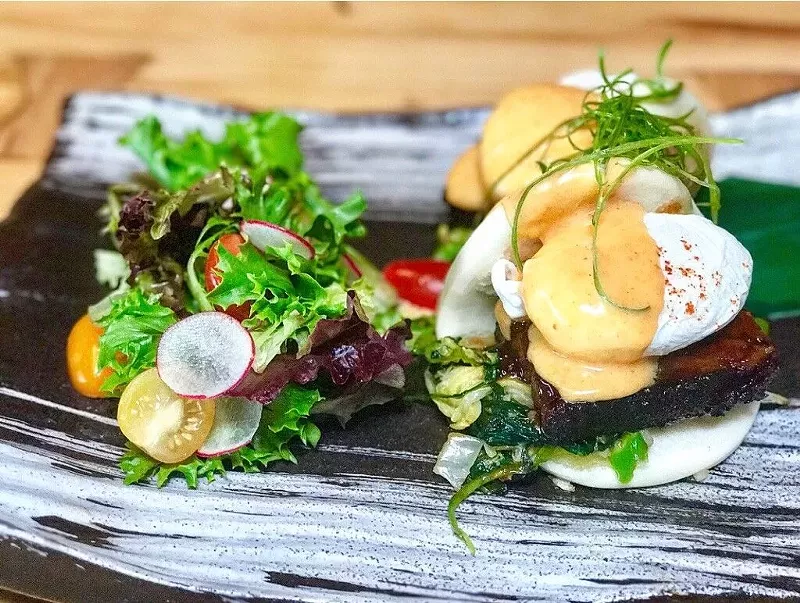 Image: Crispy barbecue pork belly Benedict.