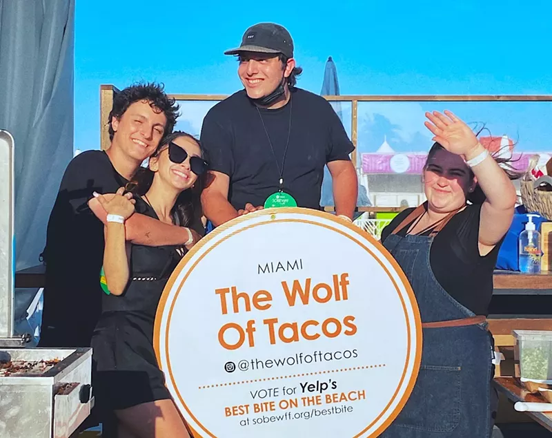 Image: The Wolf of Tacos team (from left) Pablo Reyes, Stephanie Castro, Eduardo Lara, and Janise Guyot-Cabada popped up during the 2021 South Beach Wine & Food Festival.