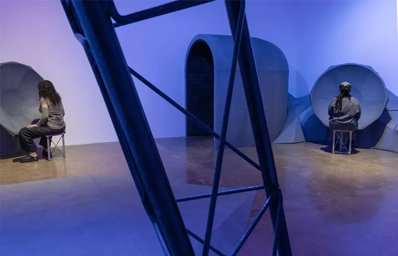 Image: Installation view of Drawn Breath, Exhaled Frequencies by Arsimmer McCoy, Selina Nwulu, and Michael Webster at Locust Projects in Miami.