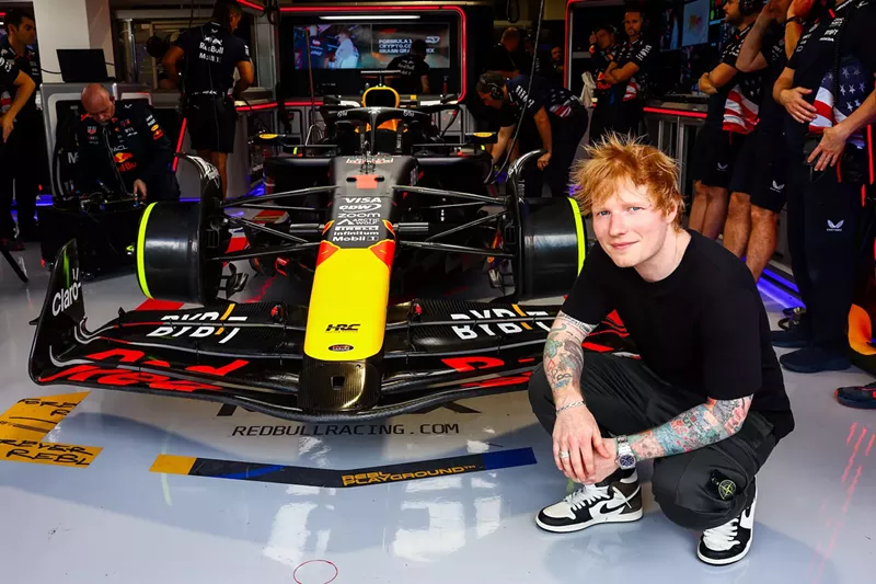 Image: Ed Sheeran crouching down next to a race car