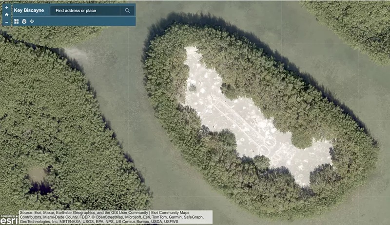 Image: satellite image of a marshy portion of Bill Baggs Cape Florida State Park showing a large patch of sand dominated by a prominent, graffiti-scratched penis