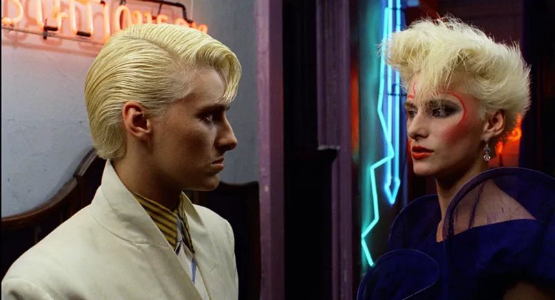 Image: In Slava Tsukerman’s 1982 film Liquid Sky, Anne Carlisle not only cowrote the original screenplay but also had dual roles as the lesbian model Margaret (right) and the glibly horny/drug-hungry Jimmy.