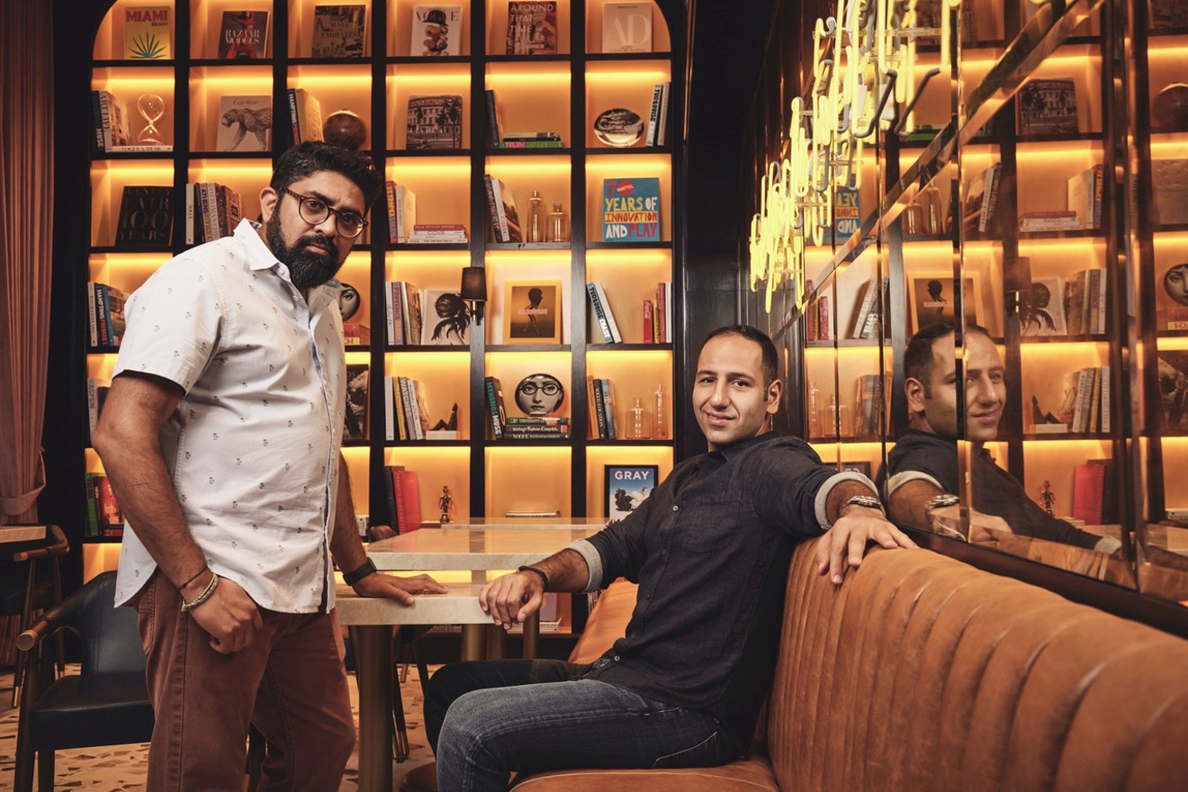 Chef Niven Patel and partner Mohamed "Mo" Alkassar in the library room of Orno at the Thesis Hotel in Coral Gables